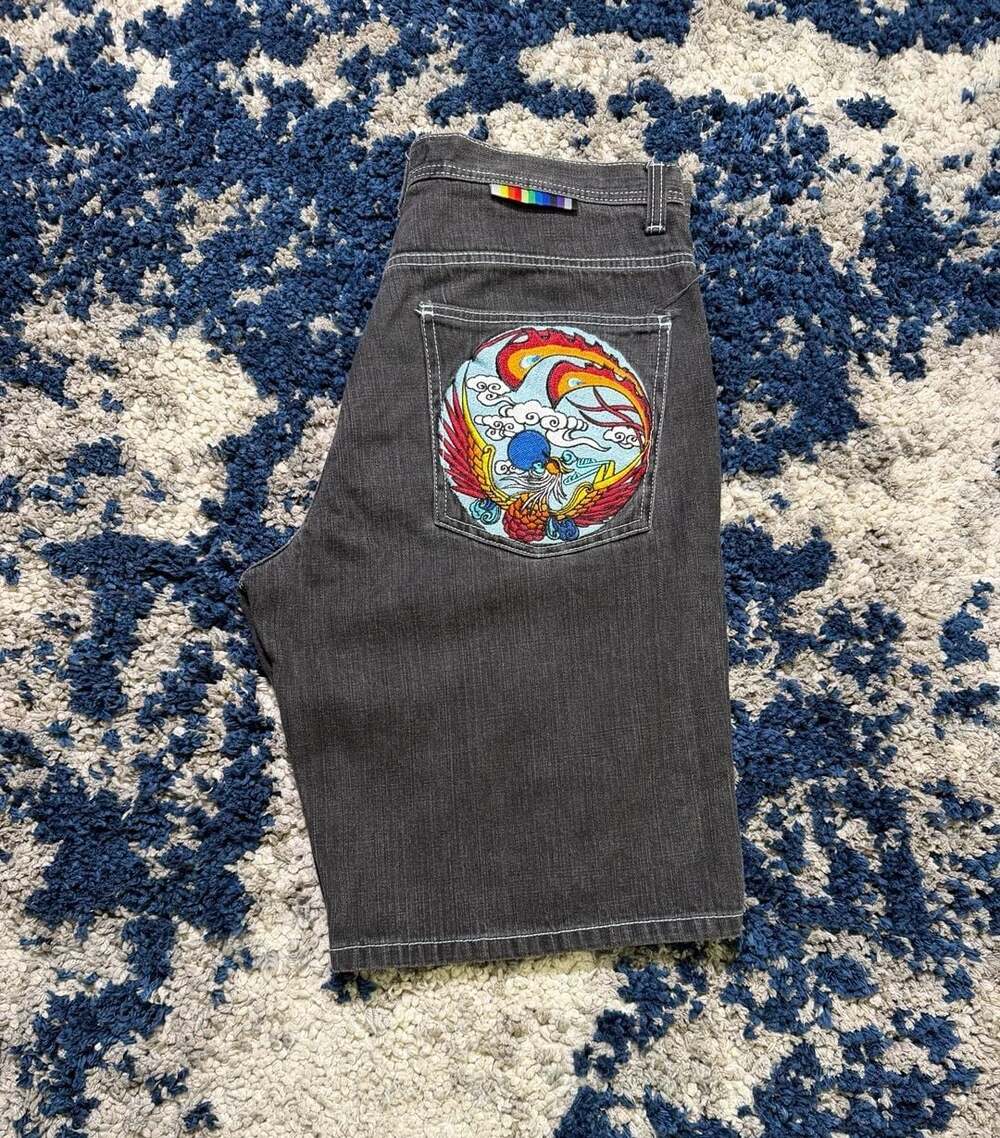 Vintage Y2K Baggy Skater Denim Jean Shorts with Phoenix Embroidery, Size 38